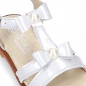 Patent Leather T-Strap Sandal shoes with BOWS and PEARLS for toddler girls.
