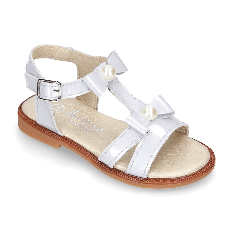 Patent Leather T-Strap Sandal shoes with BOWS and PEARLS for toddler girls.