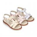 Patent Leather T-Strap Sandal shoes with BOWS and PEARLS for toddler girls.