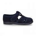 Terry cloth Home shoes T-STRAP SANDAL style with velcro strap.