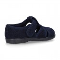 Terry cloth Home shoes T-STRAP SANDAL style with velcro strap.