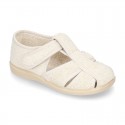 Terry cloth Home shoes T-STRAP SANDAL style with velcro strap.