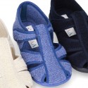 Terry cloth Home shoes T-STRAP SANDAL style with velcro strap.