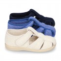 Terry cloth Home shoes T-STRAP SANDAL style with velcro strap.