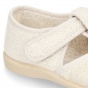 Terry cloth Home shoes T-STRAP SANDAL style with velcro strap.