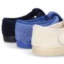 Terry cloth Home shoes T-STRAP SANDAL style with velcro strap.