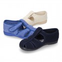 Terry cloth Home shoes T-STRAP SANDAL style with velcro strap.