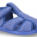 Terry cloth Home shoes T-STRAP SANDAL style with velcro strap.