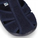 Terry cloth Home shoes T-STRAP SANDAL style with velcro strap.