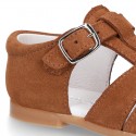 Suede leather little Sandal shoes with buckle fastening.