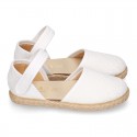 White canvas espadrille shoes with LACES design and velcro strap closure.