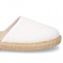 White canvas espadrille shoes with LACES design and velcro strap closure.