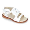 WHITE Nappa Leather Sandal shoes with central big bow and pearls design for girls.