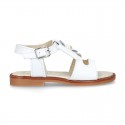 WHITE Nappa Leather Sandal shoes with central big bow and pearls design for girls.