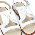 WHITE Nappa Leather Sandal shoes with central big bow and pearls design for girls.