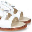 WHITE Nappa Leather Sandal shoes with central big bow and pearls design for girls.