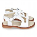 WHITE Nappa Leather Sandal shoes with central big bow and pearls design for girls.