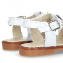 WHITE Nappa Leather Sandal shoes with central big bow and pearls design for girls.