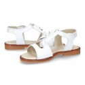 WHITE Nappa Leather Sandal shoes with central big bow and pearls design for girls.