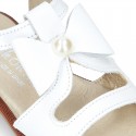 WHITE Nappa Leather Sandal shoes with central big bow and pearls design for girls.