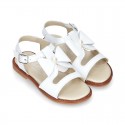 WHITE Nappa Leather Sandal shoes with central big bow and pearls design for girls.