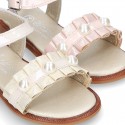 Metal Soft suede Leather shoes with FOLDS and PEARLS design for toddler girls.