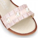 Metal Soft suede Leather shoes with FOLDS and PEARLS design for toddler girls.