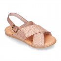 ENGRAVED design Leather sandal shoes with crossed straps.
