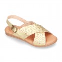 ENGRAVED design Leather sandal shoes with crossed straps.