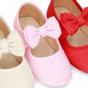 New stylized little Mary Jane shoes with velcro strap and DOUBLE BOW in LINEN.