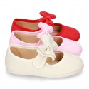 New stylized little Mary Jane shoes with velcro strap and DOUBLE BOW in LINEN.