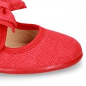 New stylized little Mary Jane shoes with velcro strap and DOUBLE BOW in LINEN.