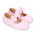 New stylized little Mary Jane shoes with velcro strap and DOUBLE BOW in LINEN.