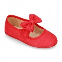 New stylized little Mary Jane shoes with velcro strap and DOUBLE BOW in LINEN.