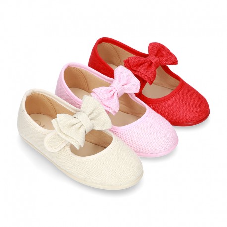 New stylized little Mary Jane shoes with velcro strap and DOUBLE BOW in LINEN.