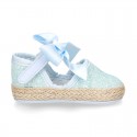 BABY leather espadrille shoes with GLITTER designs velcro strap and ribbon.