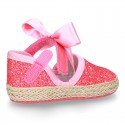 BABY leather espadrille shoes with GLITTER designs velcro strap and ribbon.