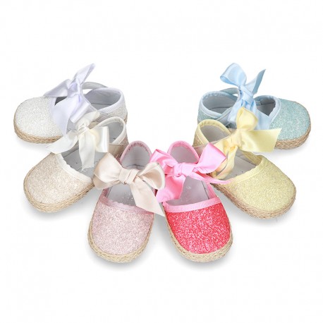 BABY leather espadrille shoes with GLITTER designs velcro strap and ribbon.