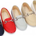 Cotton canvas Moccasin shoes with stirrup detail for toddler boys.