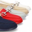 Cotton canvas Moccasin shoes with stirrup detail for toddler boys.