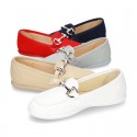 Cotton canvas Moccasin shoes with stirrup detail for toddler boys.