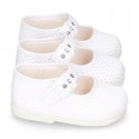 Cotton canvas little Mary Jane shoes with pink polka dots design for baby girls.