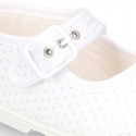 Cotton canvas little Mary Jane shoes with pink polka dots design for baby girls.