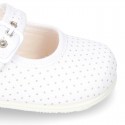 Cotton canvas little Mary Jane shoes with pink polka dots design for baby girls.
