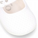 Cotton canvas little Mary Jane shoes with pink polka dots design for baby girls.