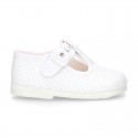 Cotton canvas T-Strap shoes with blue polka dots design.