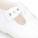 Cotton canvas T-Strap shoes with blue polka dots design.