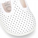 Cotton canvas T-Strap shoes with blue polka dots design.