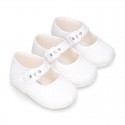 Cotton canvas little Mary Jane shoes with pink polka dots design for baby girls.