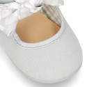 Cotton canvas little Mary Janes with velcro strap and big bow with FLOWERS design.